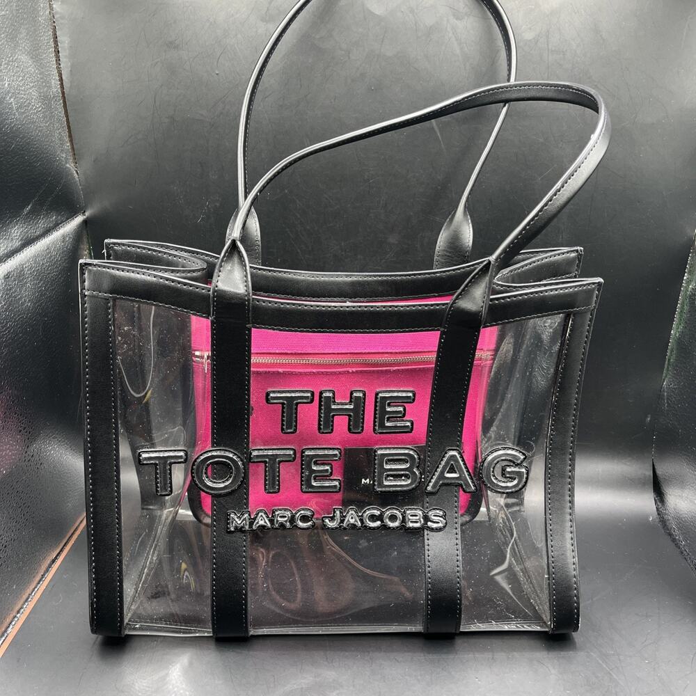 Marc Jacobs Large Beach Pool Shopping Tote Bag Black Transparent Pink Pocket